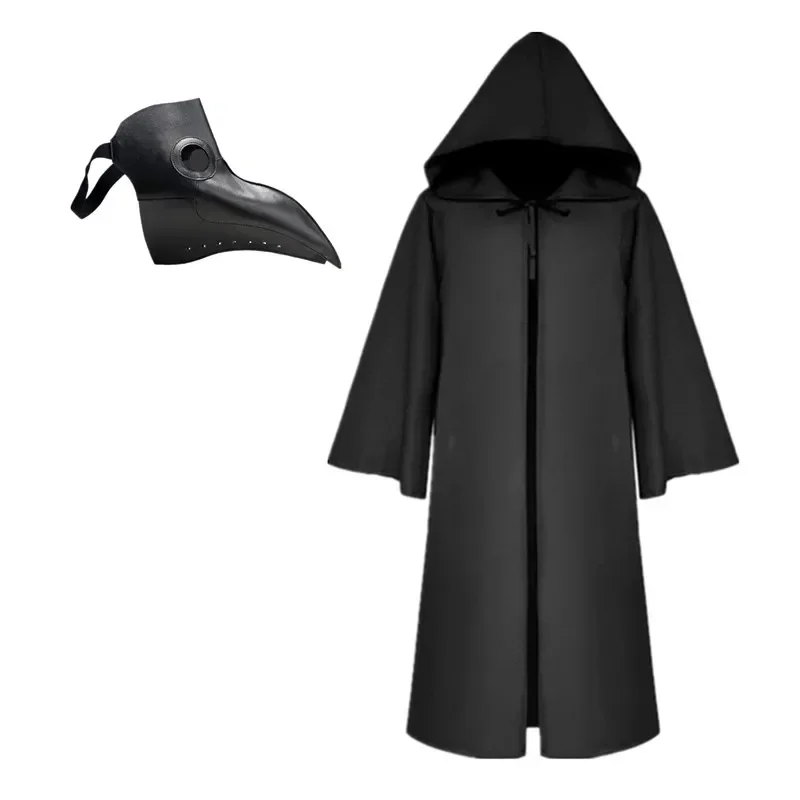 Middeleeuwse pestdoktersmasker en mantelset Rollenspelkostuum voor volwassenen en kinderen Halloween Zwart gewaad met capuchon voor cosplayfeest