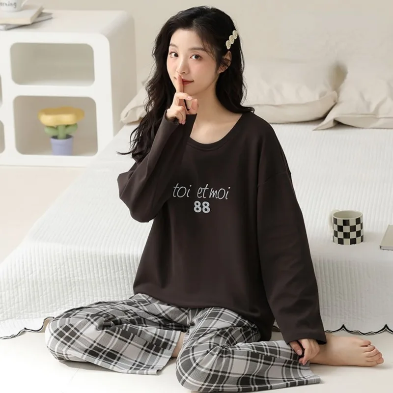 2024 New Cotton Pajamas Chest Pads Women Spring Autumn Loungewear Long Sleeve Trousers Sleepwear Loose Casual Pullover Homewear