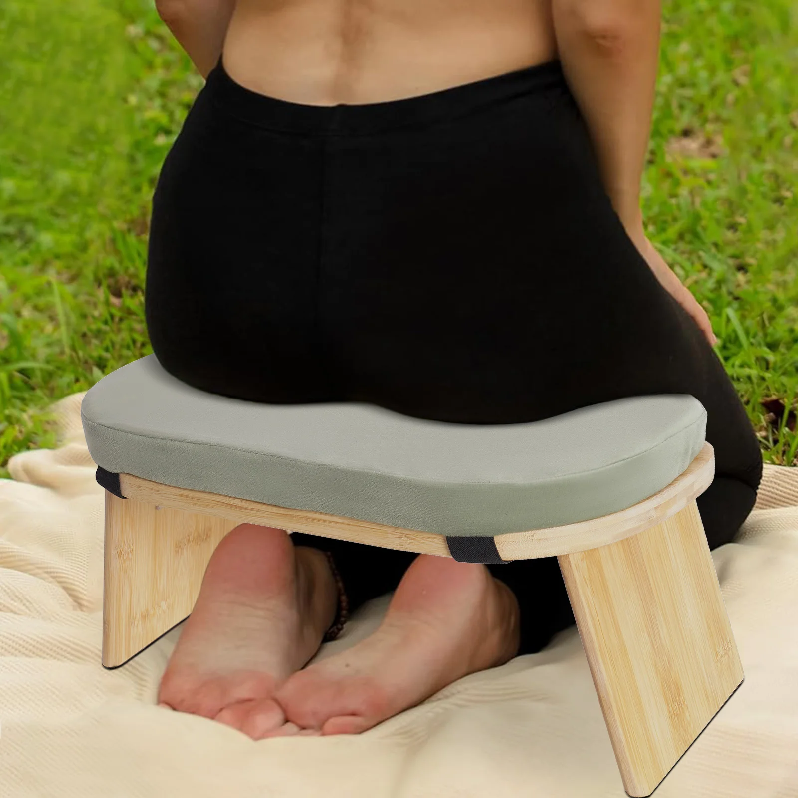 Foldable Bamboo Kneeling Bench for Meditation and Yoga, Velvet Cushion, Anti-Slip Pads, Ergonomic 5° Forward Tilt for Comfort an image 2