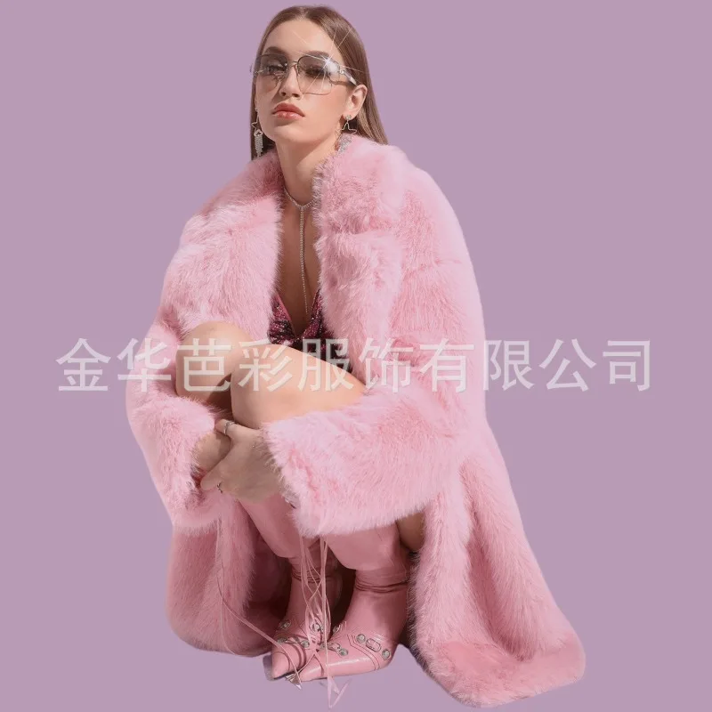 Women Faux Fox Fur Coat V-neck Pink Mid-length Fashion Loose Warm Faux Fur Temperament Skinny Comfortable Winter Clothes Women