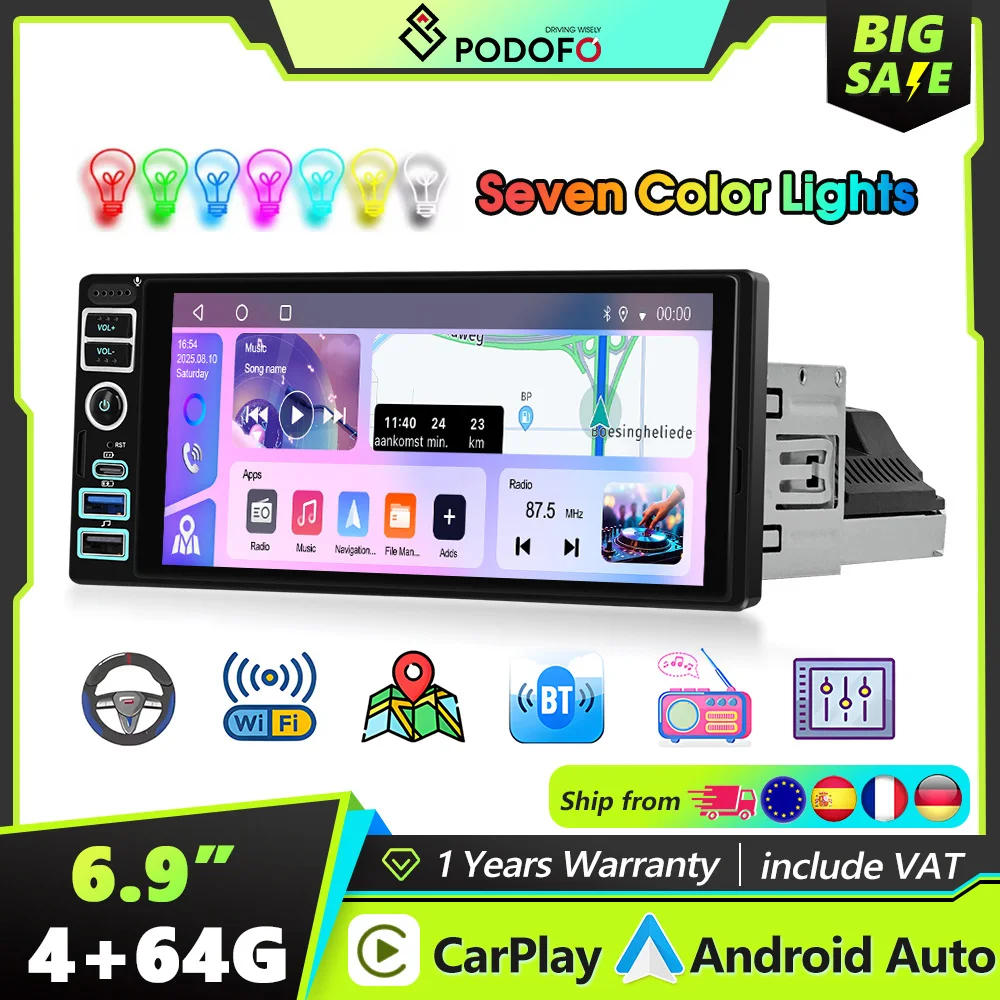 Podofo 4+64G 1 DIN Android Autoradio AI DSP Carplay Android Auto Mirror Link GPS-Navigation WLAN Intelligentes Autosystem FM/RDS