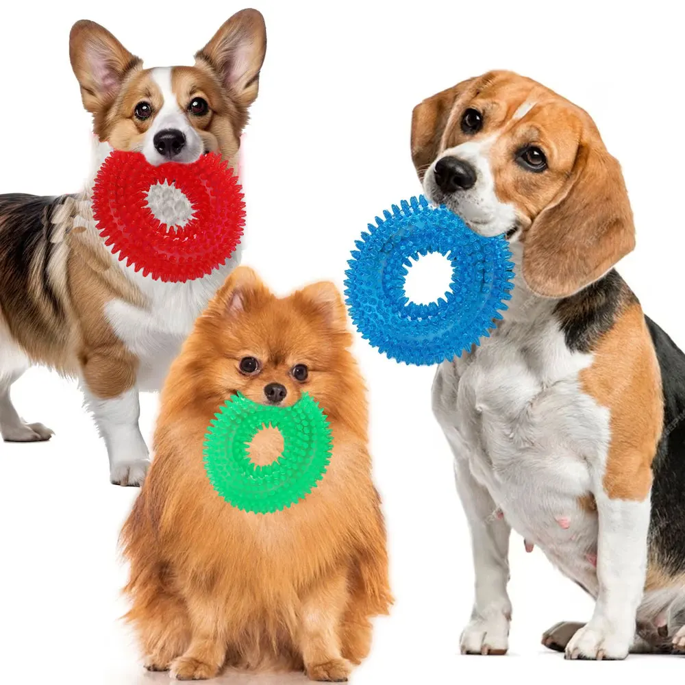 Spiky Dog Toys Ring Aggressive Chewers Teething Spiky Ring Ball Squeaky Dog Toys for Small Medium Large Dog Teething Chewing Toy