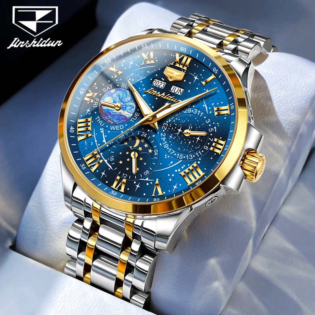 

JSDUN Fashion Male Wristwatch Skeleton Starry Night Glow Dial Waterproof Fully Automatic Mechanical Watch Original Luminous Date