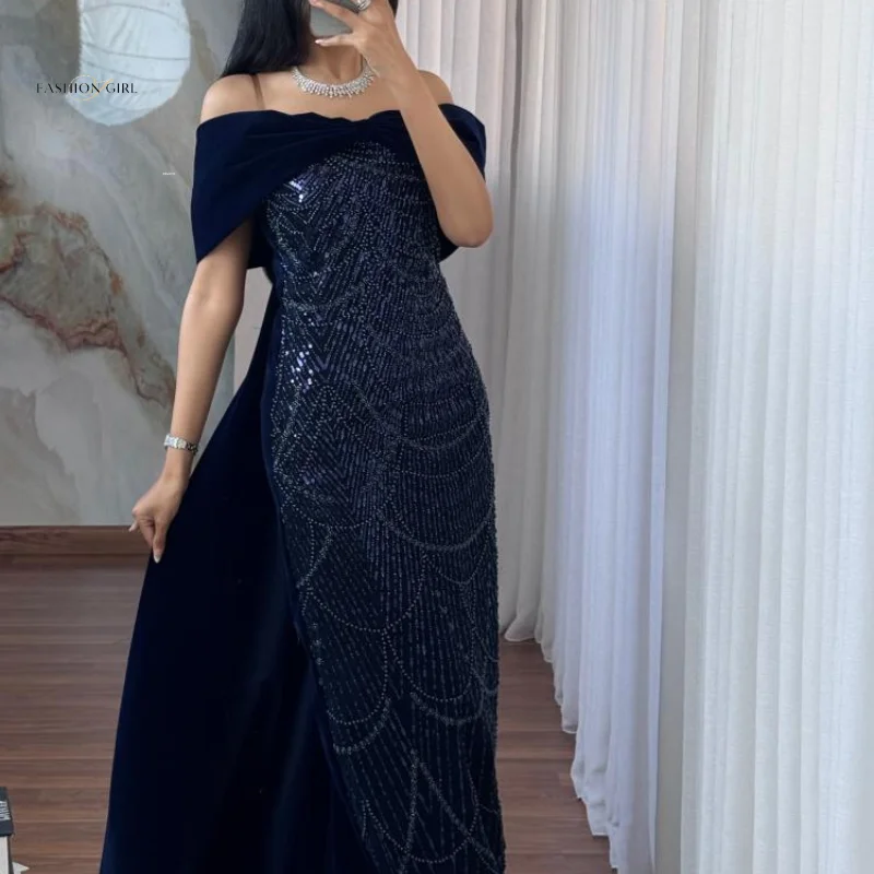 

Customized Luxury Navy Blue Shawl Velvet Beaded Evening Gown With Off Shoulder Sequins Long Gown Elegant Ball Party Dress