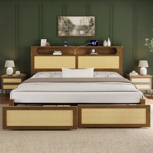 Queen Size Rattan Bed Frame with 2 Storage Drawers, Wood Bed, Brown | Platform Bed with Storage Headboard, Reading