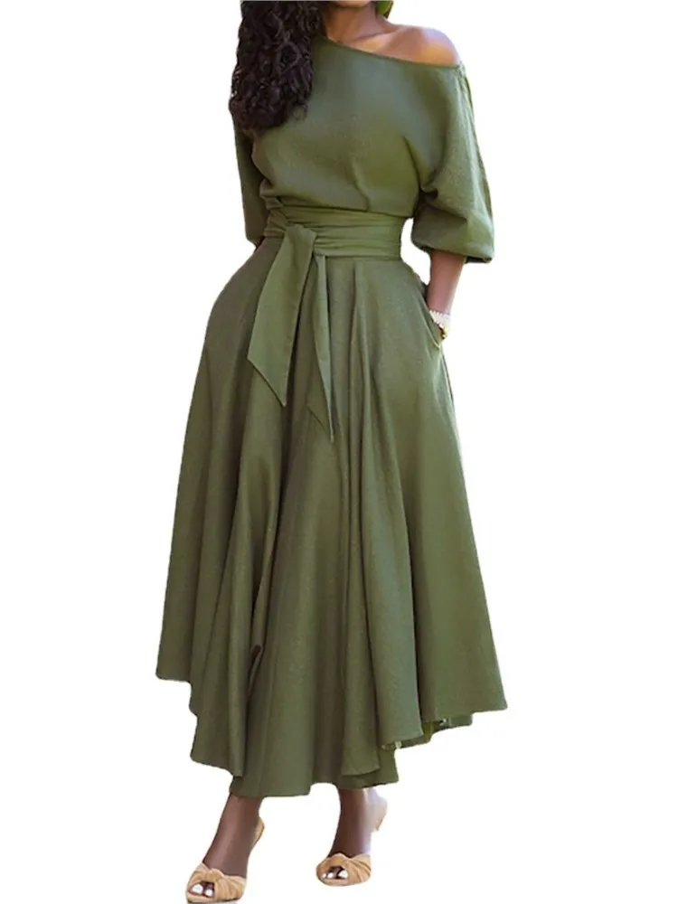 

Women's Summer New Fashionable Slant Shoulder Off Shoulder Collar Strap Waist Collection Temperament Solid Color Dress