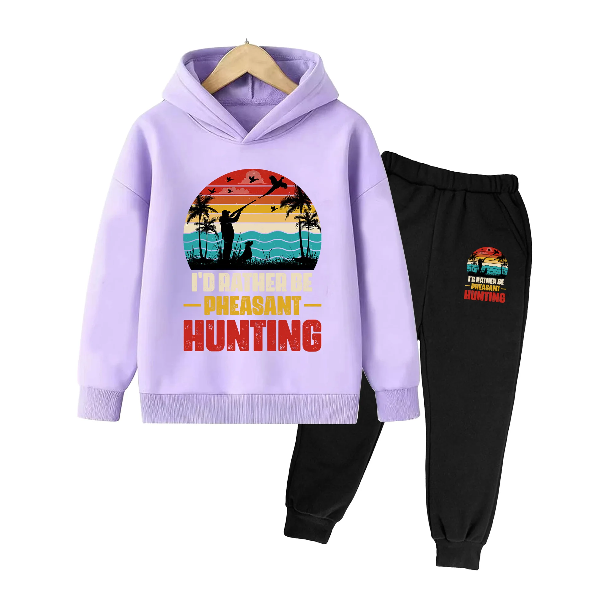Kids Hoodie & Sweatpants Set, Retro Pheasant Hunting Print Casual Tracksuit for Boys Girls Outdoor Sports