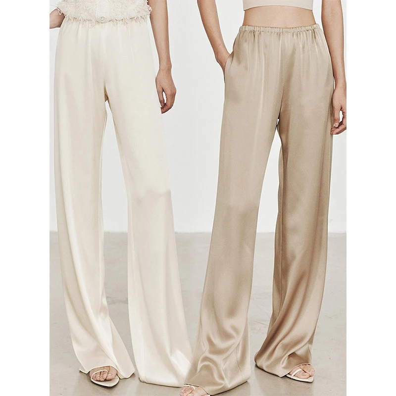 

Ele Acetate Satin Wide Leg Pants Women Summer High Waist Drapey Slimming Casual Floor Length Pants Versatile Commute