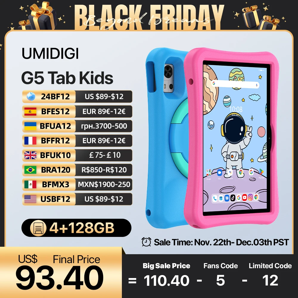 UMIDIGI G5 Tab Kids Tablet Android 13 10.1 بوصة UnisocT606 ثماني النواة 4 + 4GB 128GB 6000mAh الأطفال تعلم إيفا حافظة واقية