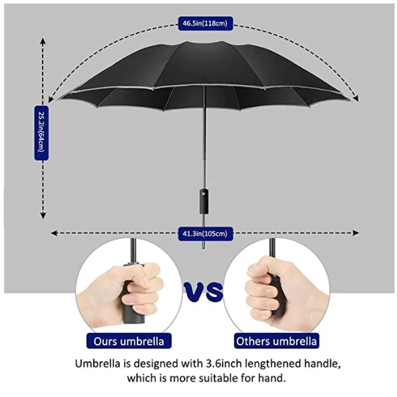 Inverted Umbrella Windproof Folding Reverse Umbrella with Reflective Stripe 10 Ribs Auto Open and Close Portable Travel Umbrella