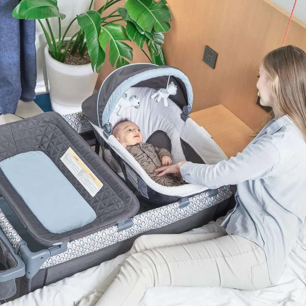 5 In 1 Multifunctioneel Pakket En Spel, Opvouwbaar Babybedje Met Wiegjes, Commode, Pasgeboren Napper Met Luifel