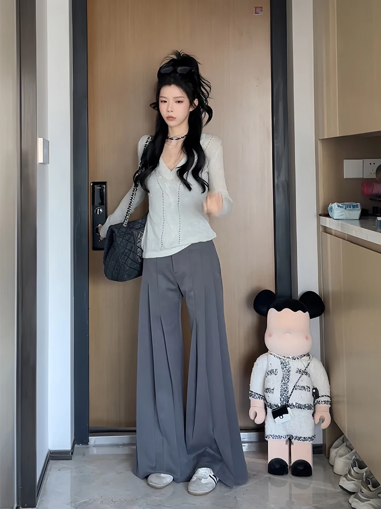 กางเกงขายาวทรงตรงเอวต่ำ ดีไซน์จีบพลีท แฟชั่นสำหรับผู้หญิง สไตล์ลำลอง เหมาะสำหรับใส่ทำงาน ฤดูใบไม้ผลิ