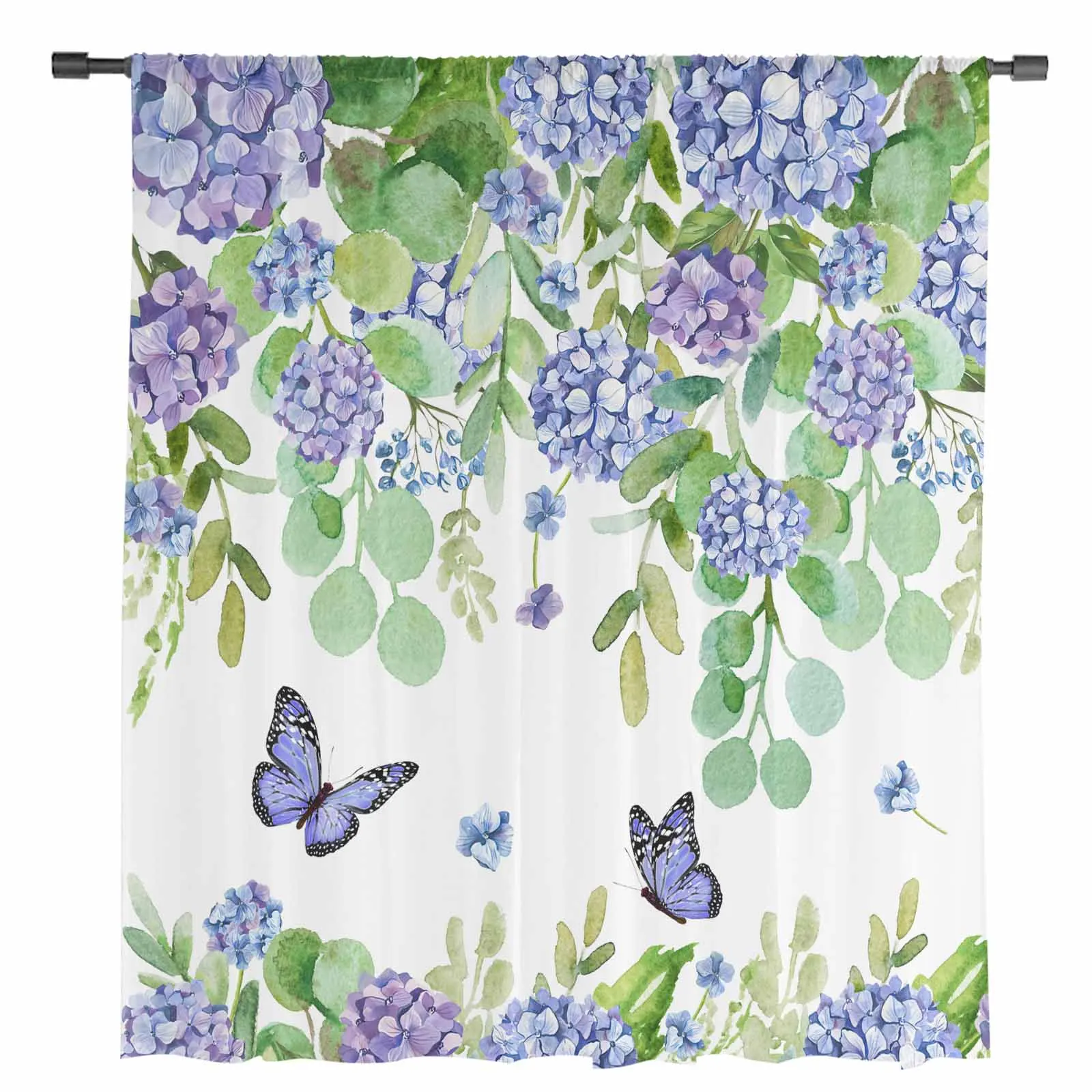 Watercolor Flowers Hydrangeas Leaves Butterfly Sheer Curtains for Living Room Decor Window Curtains Kitchen Tulle Voile Curtains