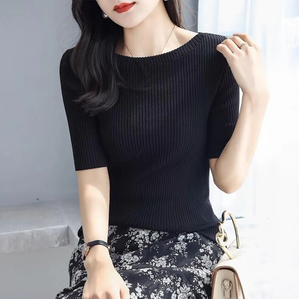 

Comfortable Tops Stylish Ribbed Half Sleeve Tops for Women Slim Fit Solid Color Round Neck T-shirts Elastic Pullover for Wear