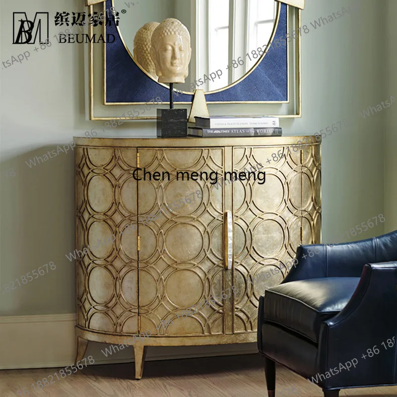 

American champagne gold old entrance cabinet semi-circular arc decorative cabinet living room entry side cabinet customization