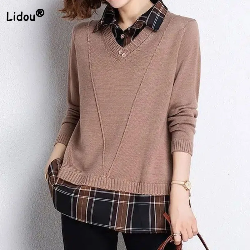 2023 All-match Female Plaid Spliced Fashion Sweaters Elegant Casual Fake Two Pieces Knitted Tops Spring Autumn Women\'s Clothing