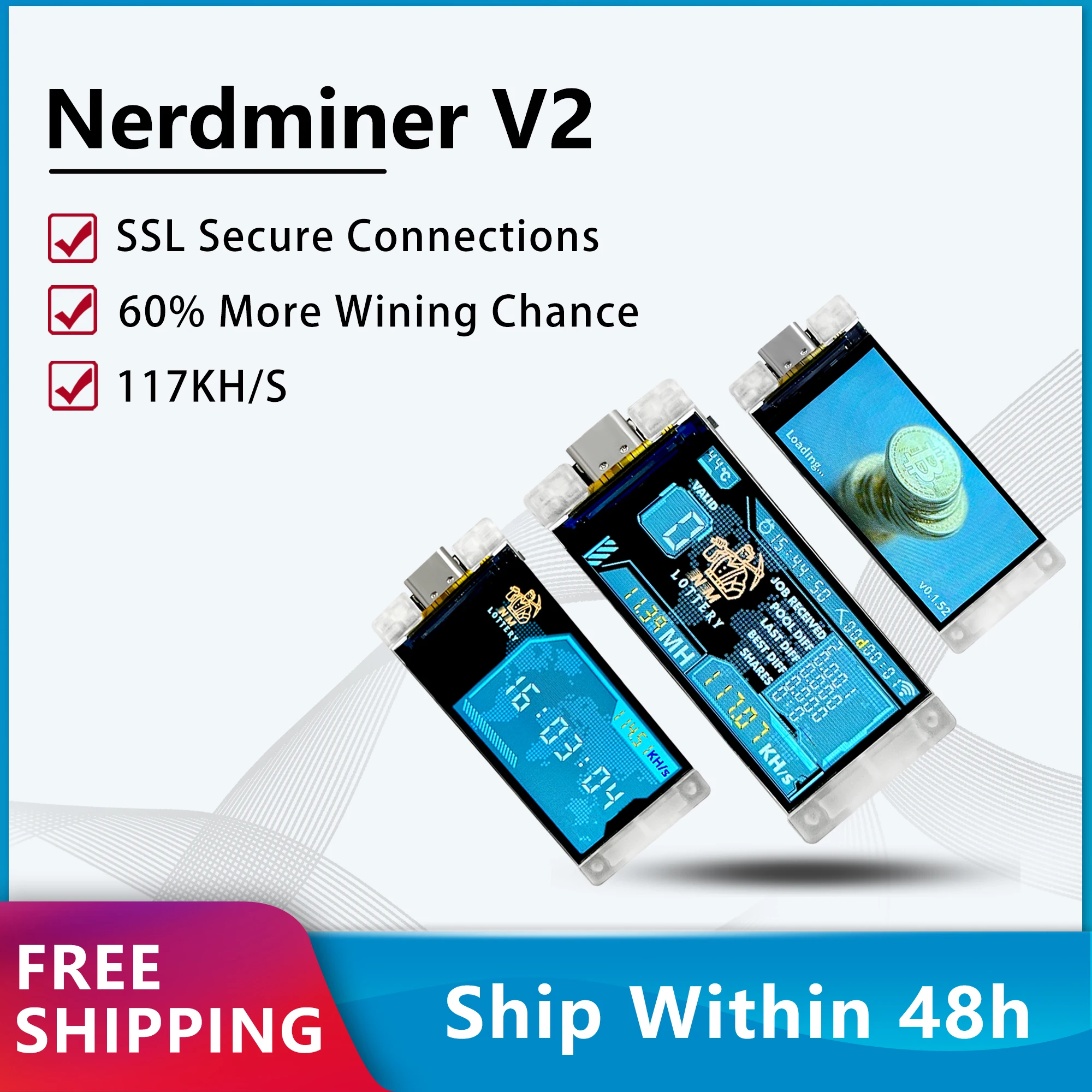 Pro Version Nerd Miner BTC Crypto Solo Lottery 117KH/s Heltec Vision Master T190 Win  with Low Power Consumption WiFi Connection