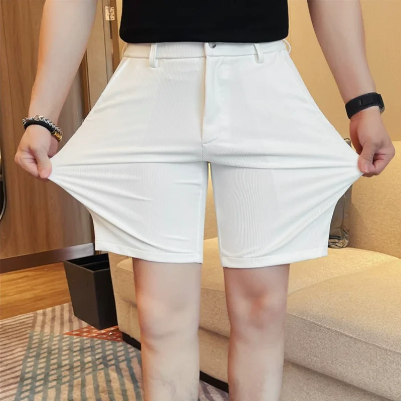 

Летние эластичные шорты из ледяного шелка, модные повседневные дышащие шорты в темную полоску, деловые облегающие шорты до колена