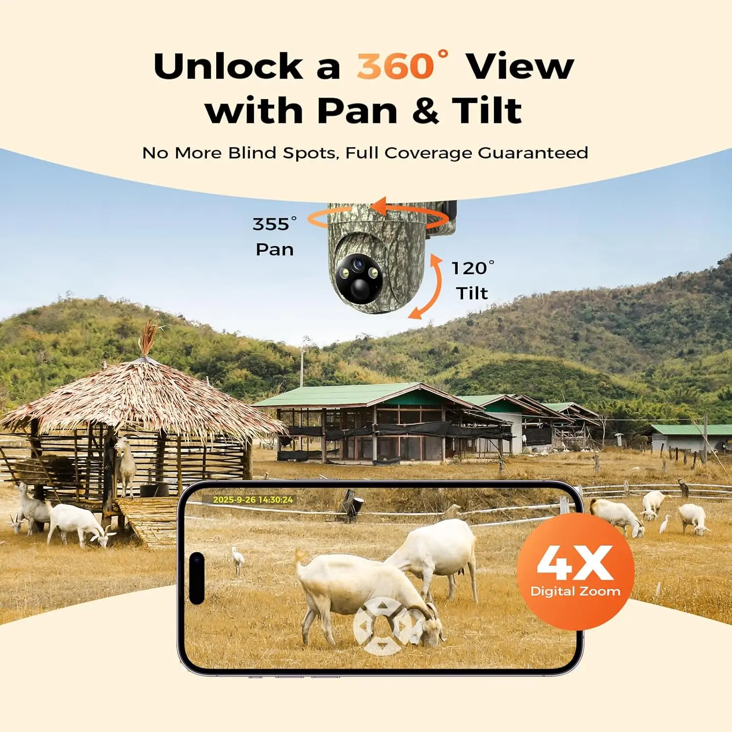 4G LTE Cellular Trail Camera 2-Pack, 360° Panoramic Live View, Built-in SIM Card, PIR Motion Activated, 2K Night Vision, Solar Powered, IP65 Weatherproof, No WiFi Needed, Camouflage Security Camera - view 4