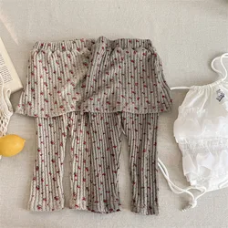2026 Spring New Children Ribbed Leggings Cotton Trousers Girls Floral Pantskirt Fake 2pcs Baby Girls Stretch Pants Kids Clothes
