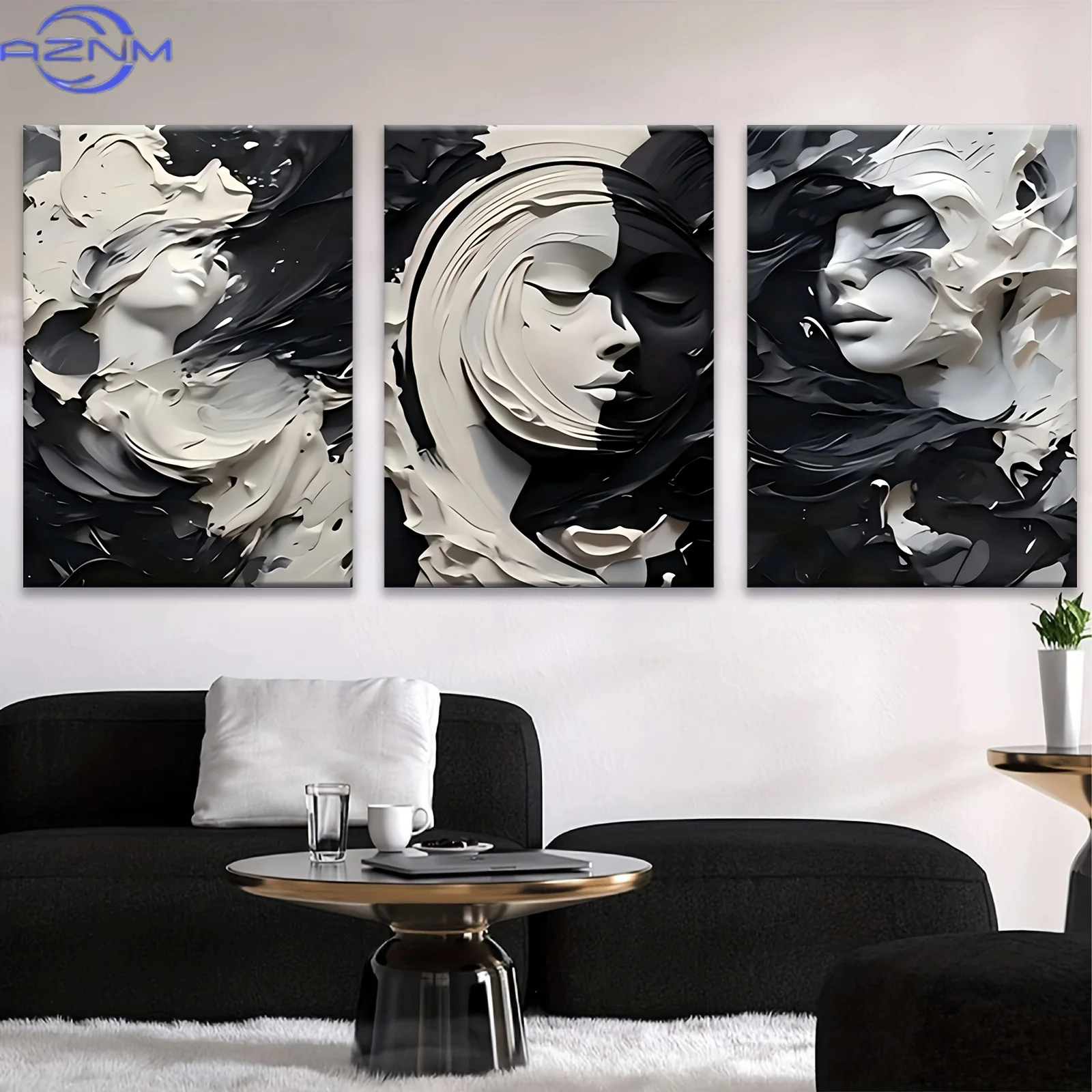 2D Canvas, 3pcs inset  framed canvas paintings 3pcs Latest Original Oil Painting Thick Textured Black White Wall Art Images Abst