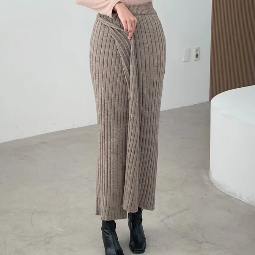 Chique gebreide midi-rok met hoge taille voor dames, slim fit, splitontwerp, herfst-winter, Ele Retro Sle woon-werkvriendelijke rok