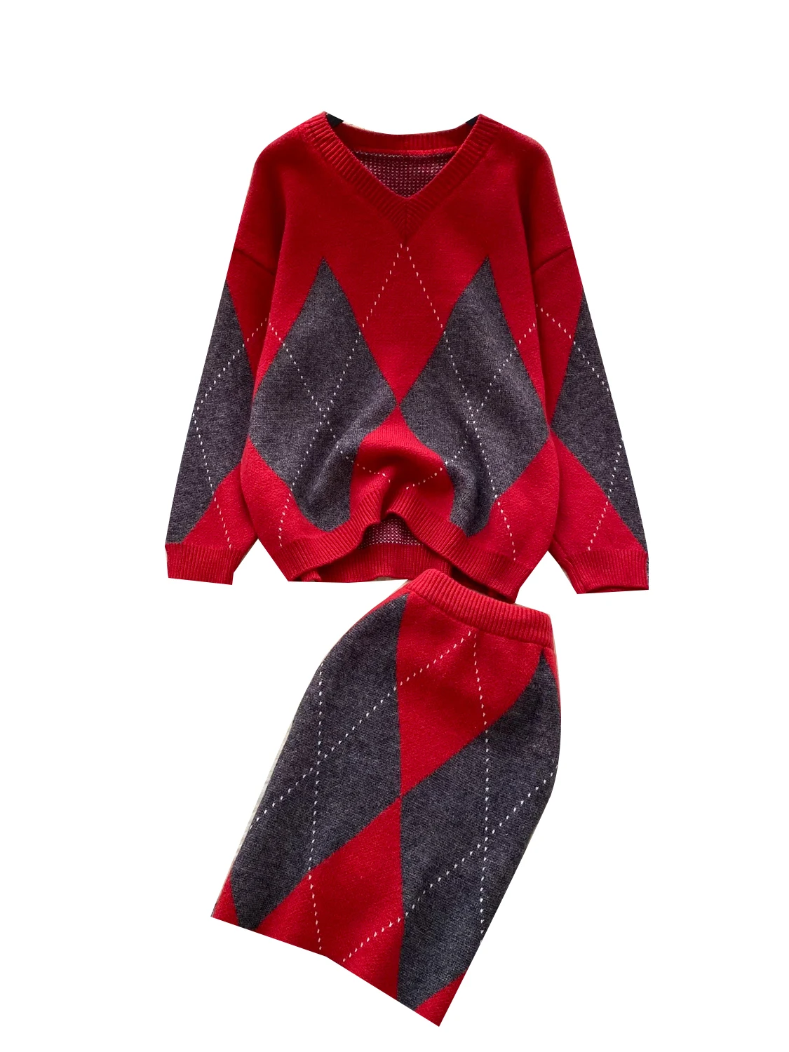 

Women's Knitted Sweater Set V-Ne Long Sve Tight Fit Autumn Winter Faion Color Blo Diamond Pattern ort Skirt