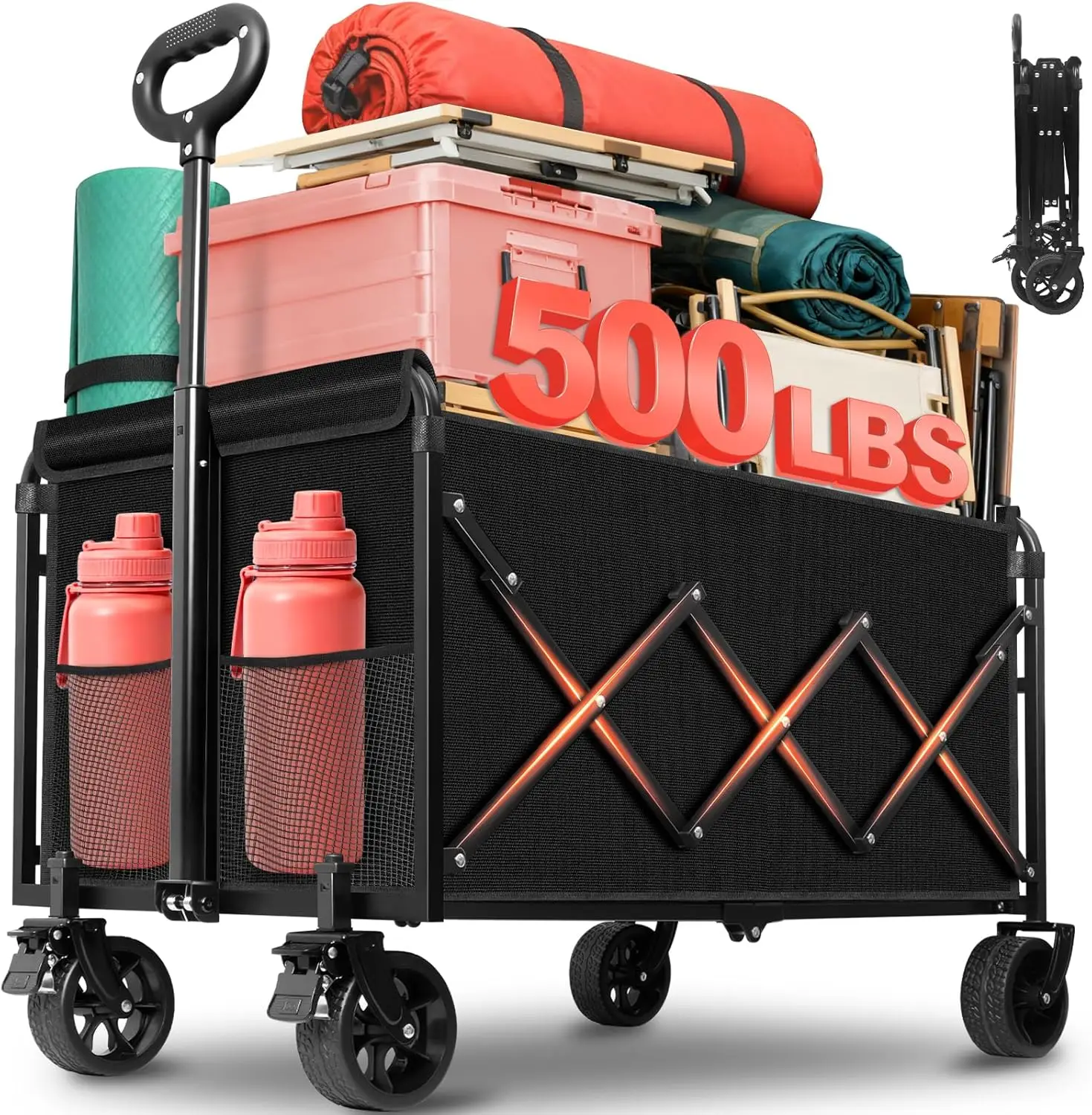 

Collapsible Wagon Cart Foldable - Extra Large 500 lbs Capacity Portable Folding Beach Wagon with Wheels - 34'' Extra Long Hea