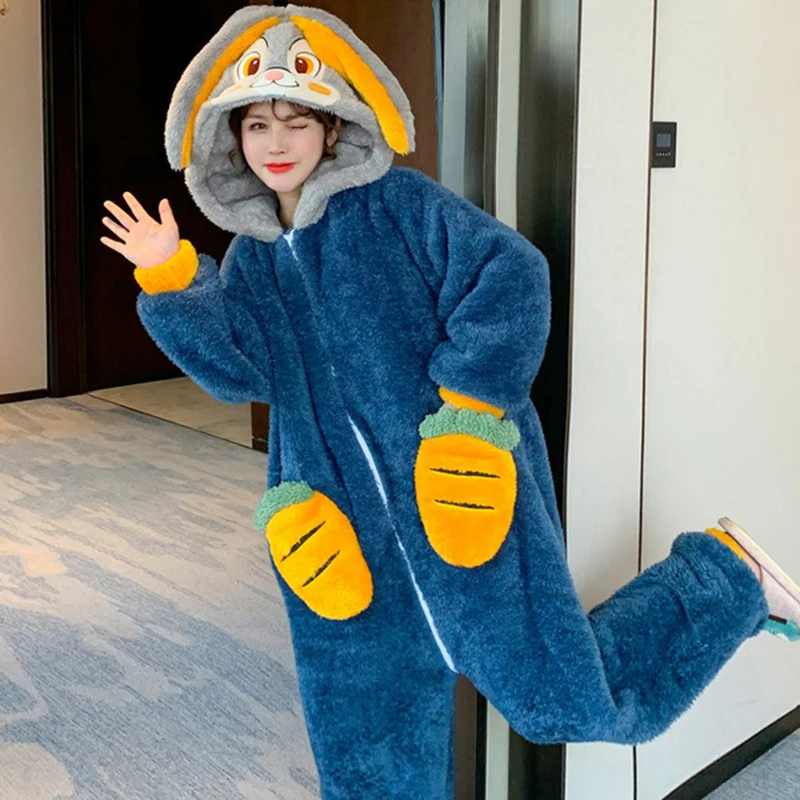 One Piece Pajamas For Women Winter Adults Animal Rabbit Onesies Cute Cartoon Hooded Coral Fleece Sleepwear Cosplay Jumpsuits New