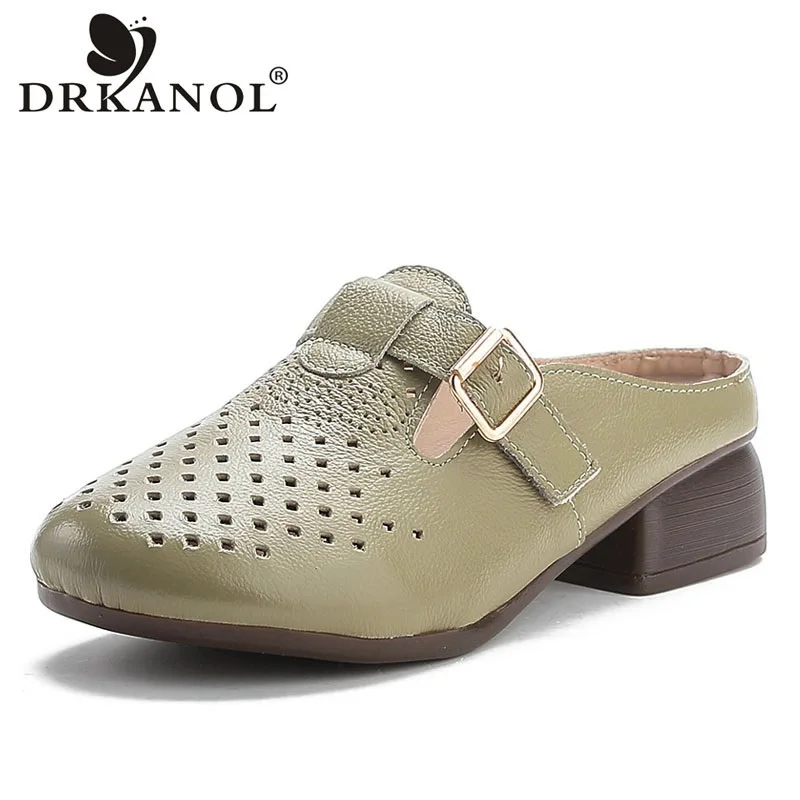 DRKANOL Fashion Thick Heel Slippers Women Summer Round Toe Slingback Shoes Quality Genuine Leather Hollow Breathable Slippers