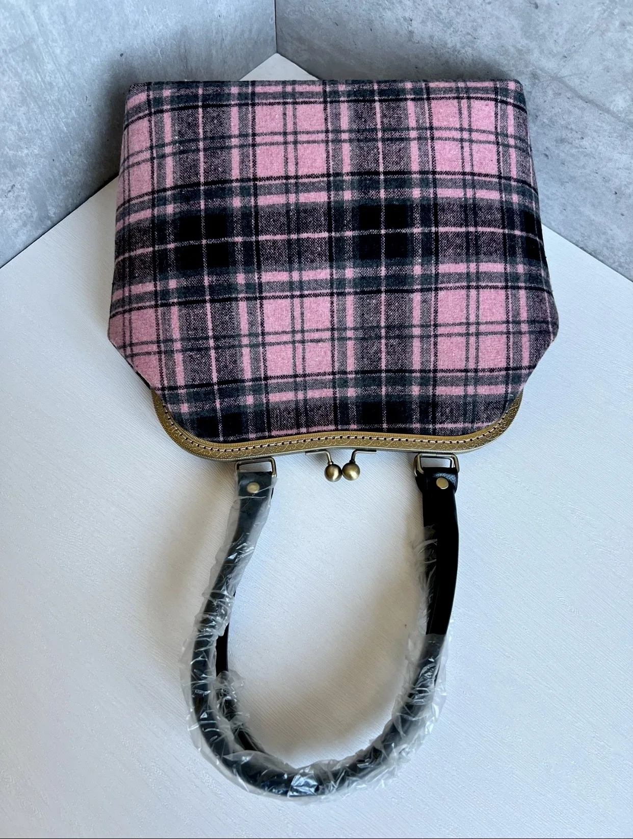 Lost in Vinatge Pink Black Check Tweed  Handbag with Sturdy Top Handles Generous Space Inside