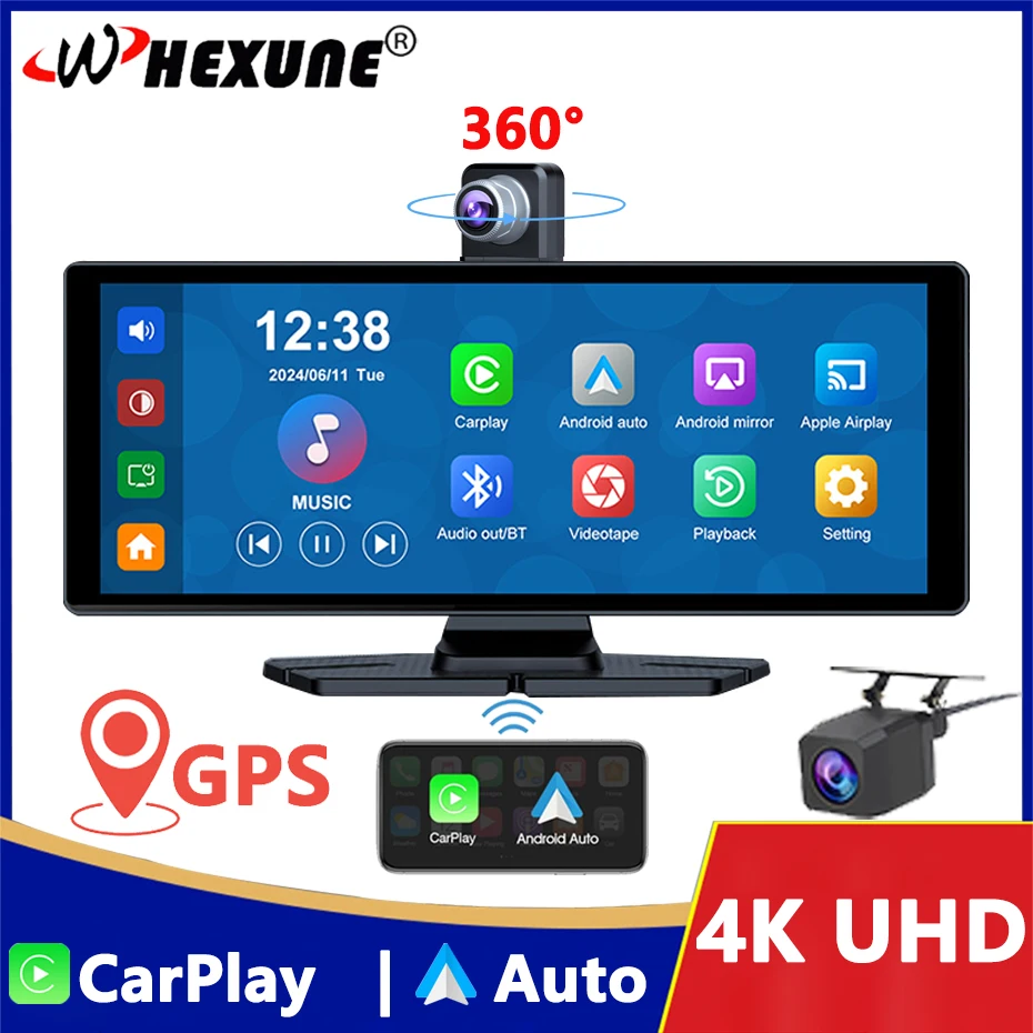 

10.26 Inch Car DVR 4K Camera Wireless Carplay Android auto Touch Screen DashCam Dual Len Video Recorder GPS Navigation Dashboard