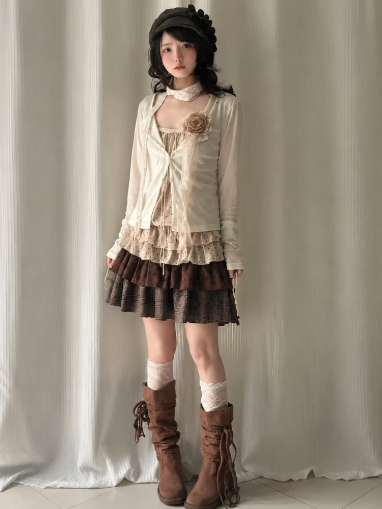 2026 Autumn French Vintage 3 Piece Sets Women Y2K Crop Top Mini Skirt Casual American Retro Japanese Daily Outfits image 2