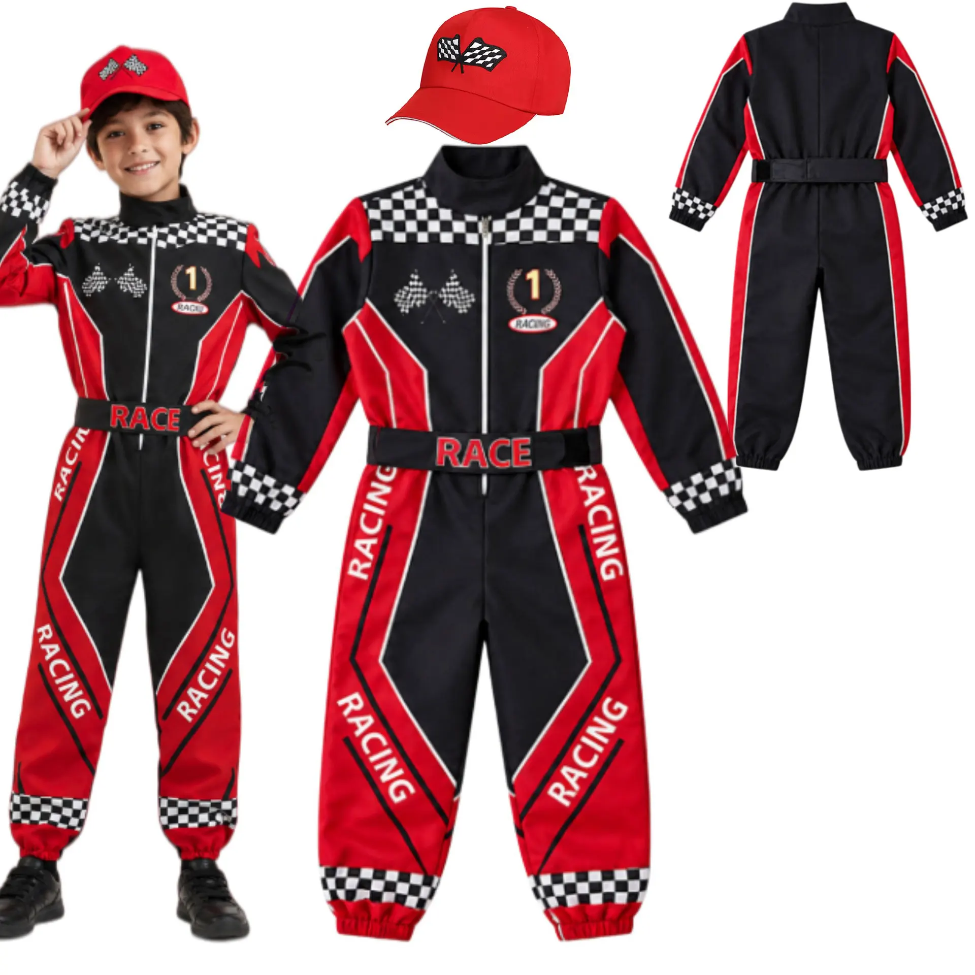 Boys Racing Driver Cosplay Costume Black Red Checkered Design Halloween Rally Player Uniform For Kids Motor Competition Dress up