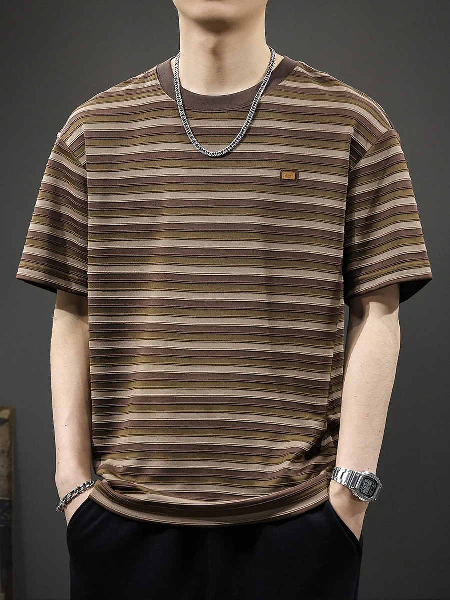 Summer Thin Short Sleeve T-Shirt Men's Loose Fit Striped Versatile plus Size Heavyweight Half Sleeve Body T-Shirt Trendy