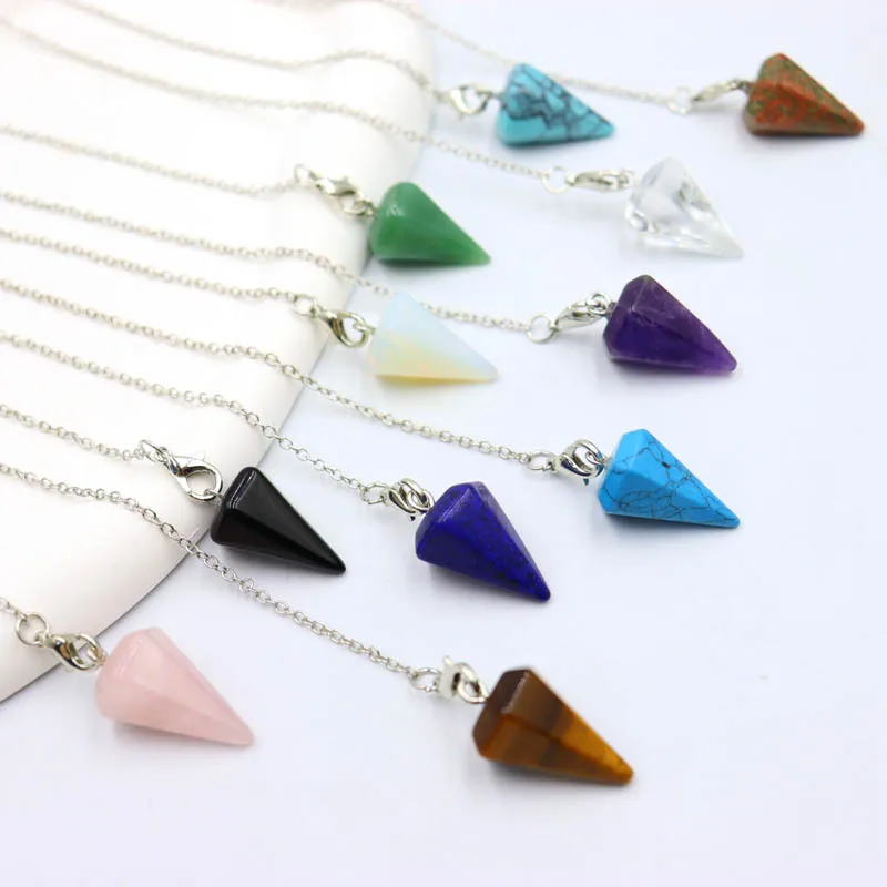 15pcs Cone Shape Stone Pendulum Pendants for Dowsing Lapis Opal Rose Quartz Crystal Healing Chakra Chain Charms Jewelry