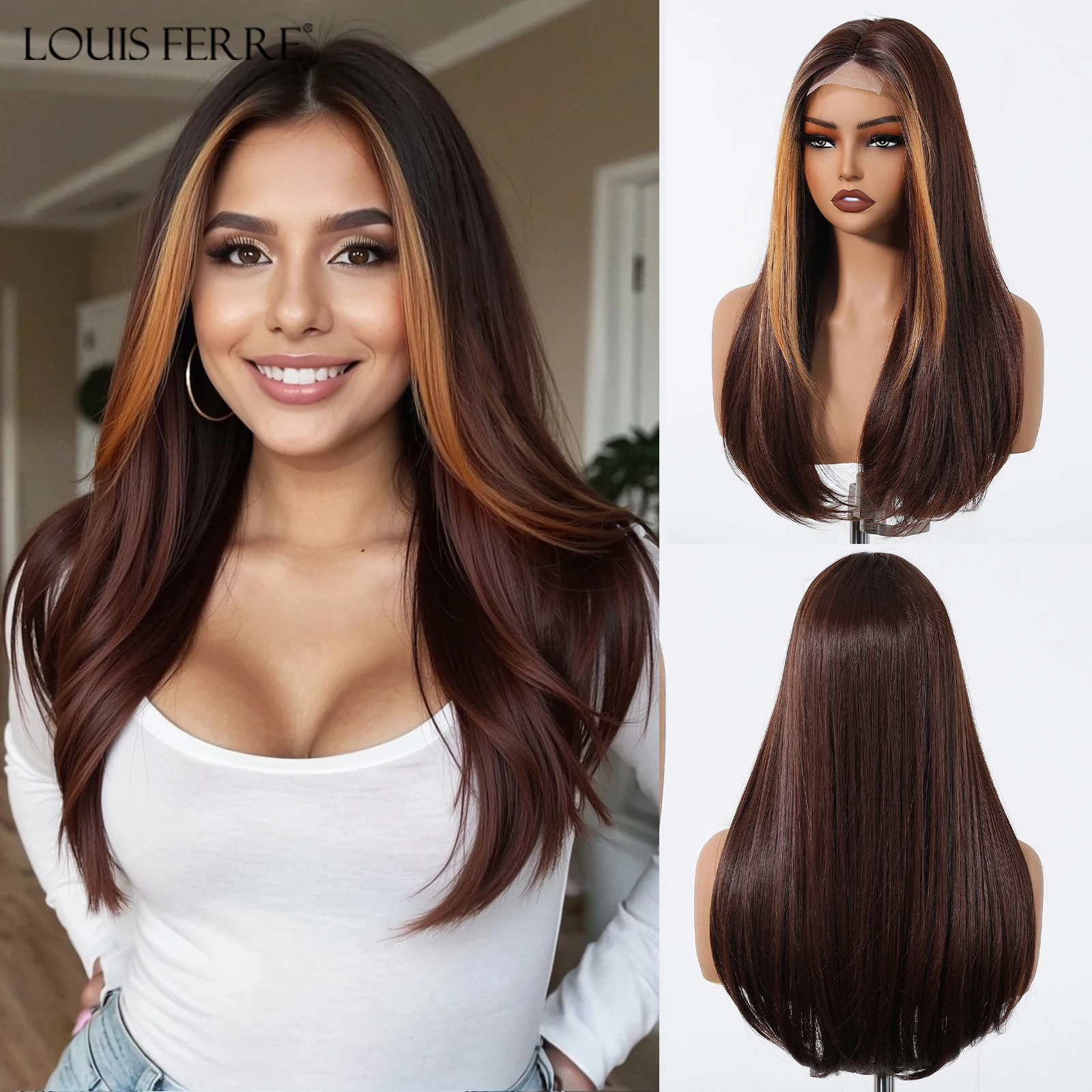 

Highlight Chocolate Brown Blonde Synthetic Wig Long Straight Layered Wig For Women Daily Use Hairline Lace Wig Heat Resistant