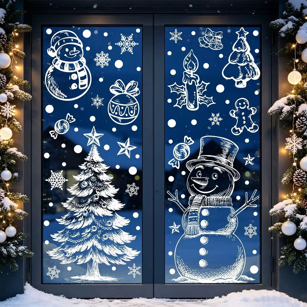 White Christmas Tree Santa Claus Snowman Elk Window Stickers Decoration for Home Office Shopping Mall Showcase