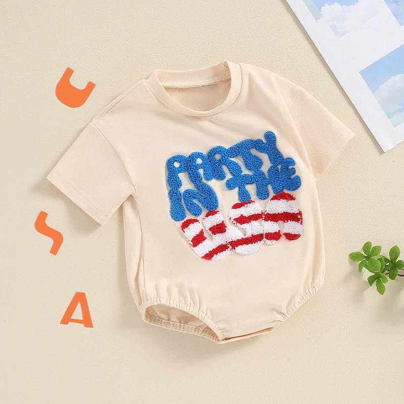 2024-03-28 Lioraitiin Baby Girls Boys Independence Day Romper Short Sleeve Crew Neck Embroidery Letters Summer Jumsuit Clothes