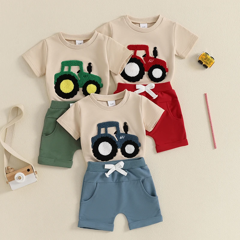 Toddler Boys Summer Truck Embroidered Outfit Set