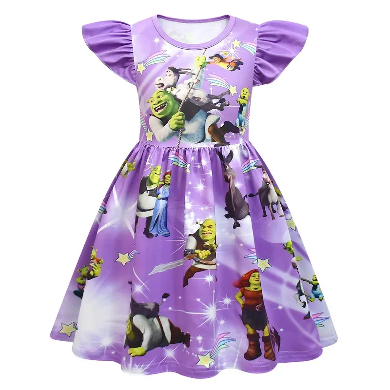 فساتين zz04zz12Shreks Fiona بأكمام طائرة على شكل حرف a Shreks وحمار مطبوع عليها رسوم كرتونية فستان باليه بحزام للفتيات فستان حفلات للأطفال Clo