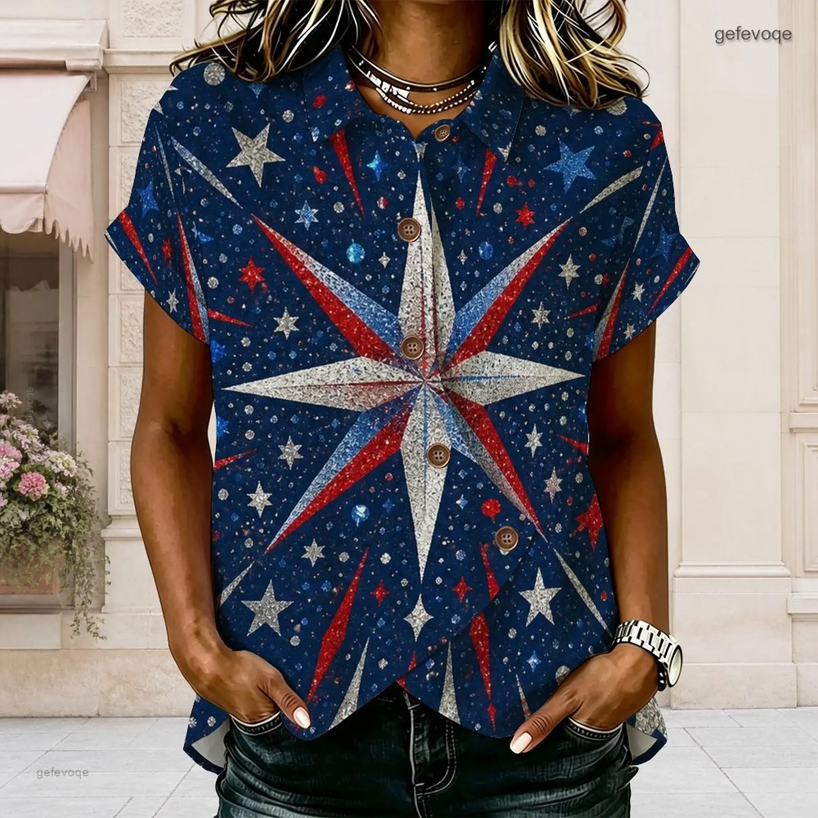 Women Shirt with Print Collared Neck Short Sleeve Button Front Cross Hem