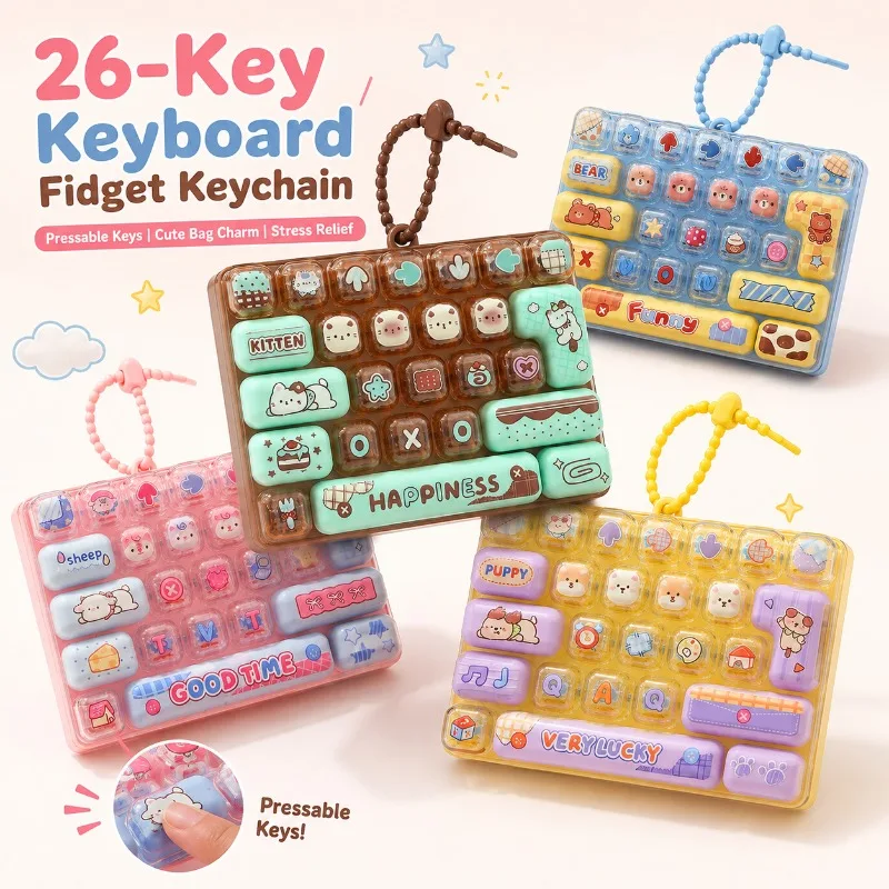 26-Key Mini Keyboard Fidget Keychain, Cute Cartoon Pressable Keys Stress Relief Toy, Backpack Bag Charm Birthday Gift for Kids