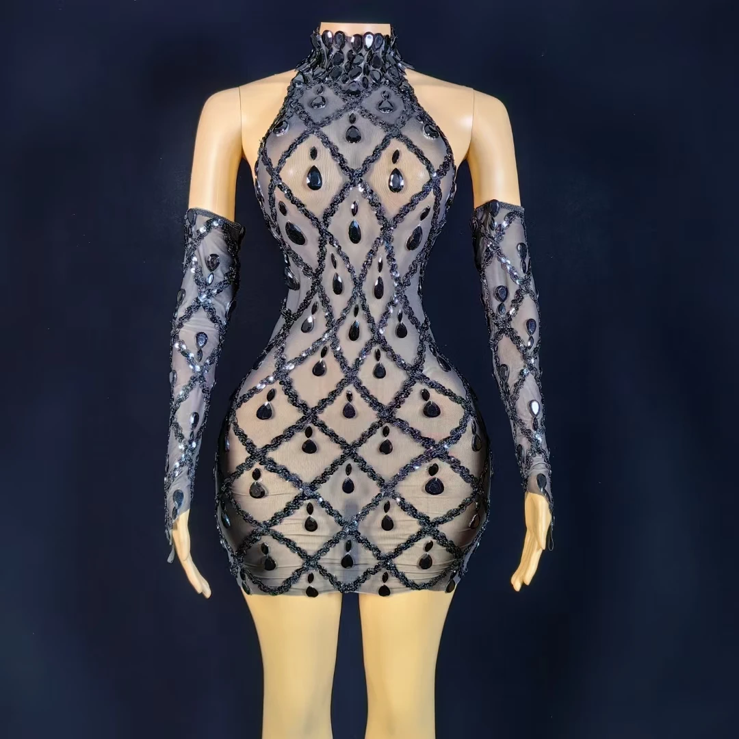 

Luxury Women Sexy Black Rhinestones Outfit Set Short Dresses with Gloves Mesh Birthday Party Stage Evening Celebrate Club Dress