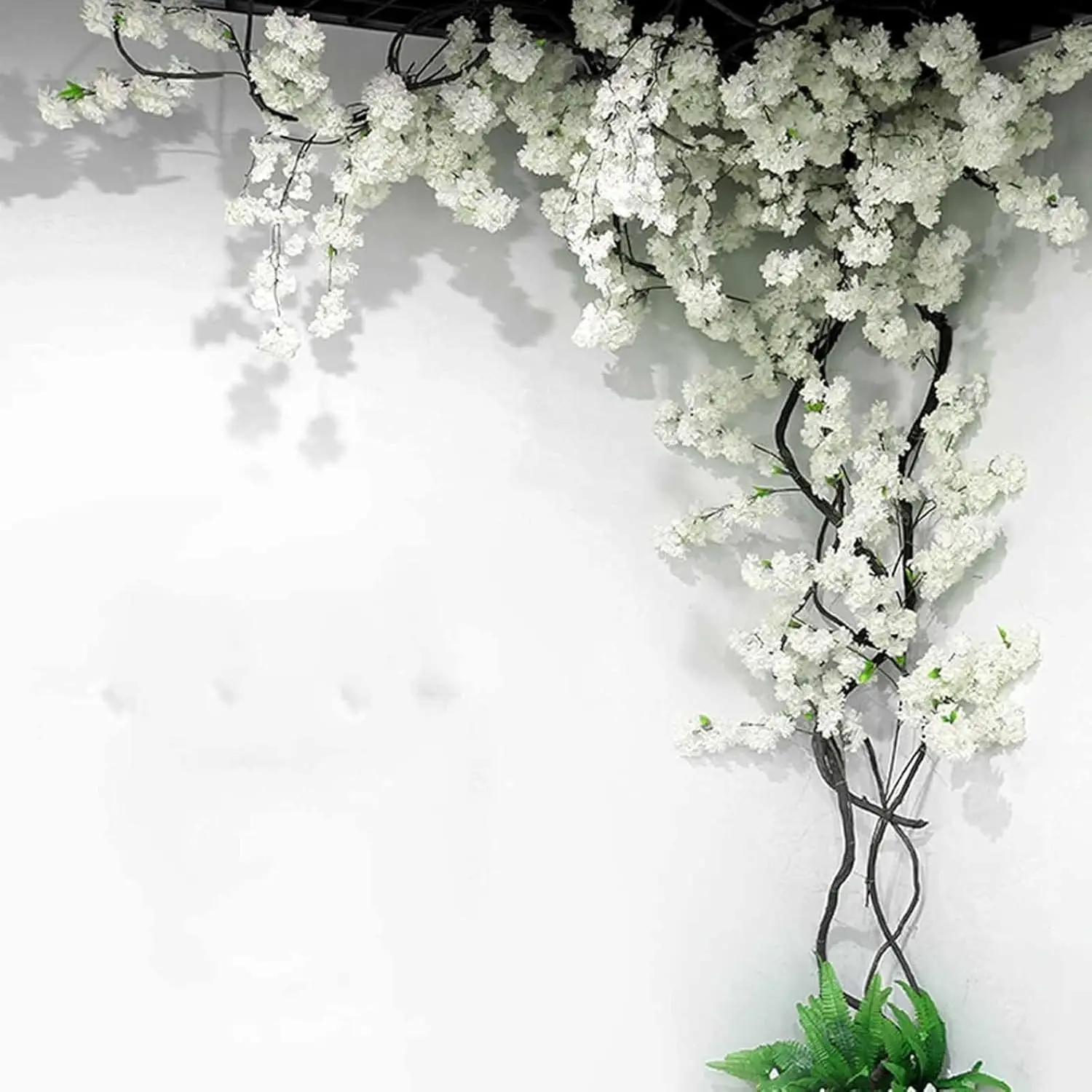 

Artificial Cherry Blossom Trees Fake Flower Background Walls with Simulated Peach Branch and Rattan Design White