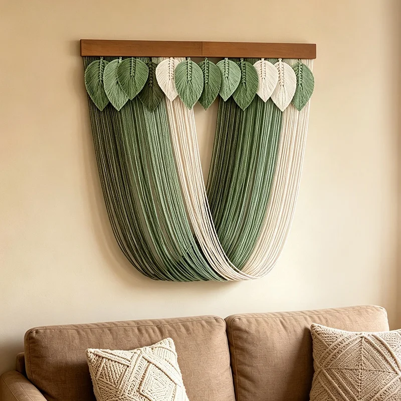 Wall Hanging Tapestry Bohemia Tassel Hand-Woven Curtain with 3D Leaf Tassels Tapestry  Bedroom Hanging Living Room Macrame Decor