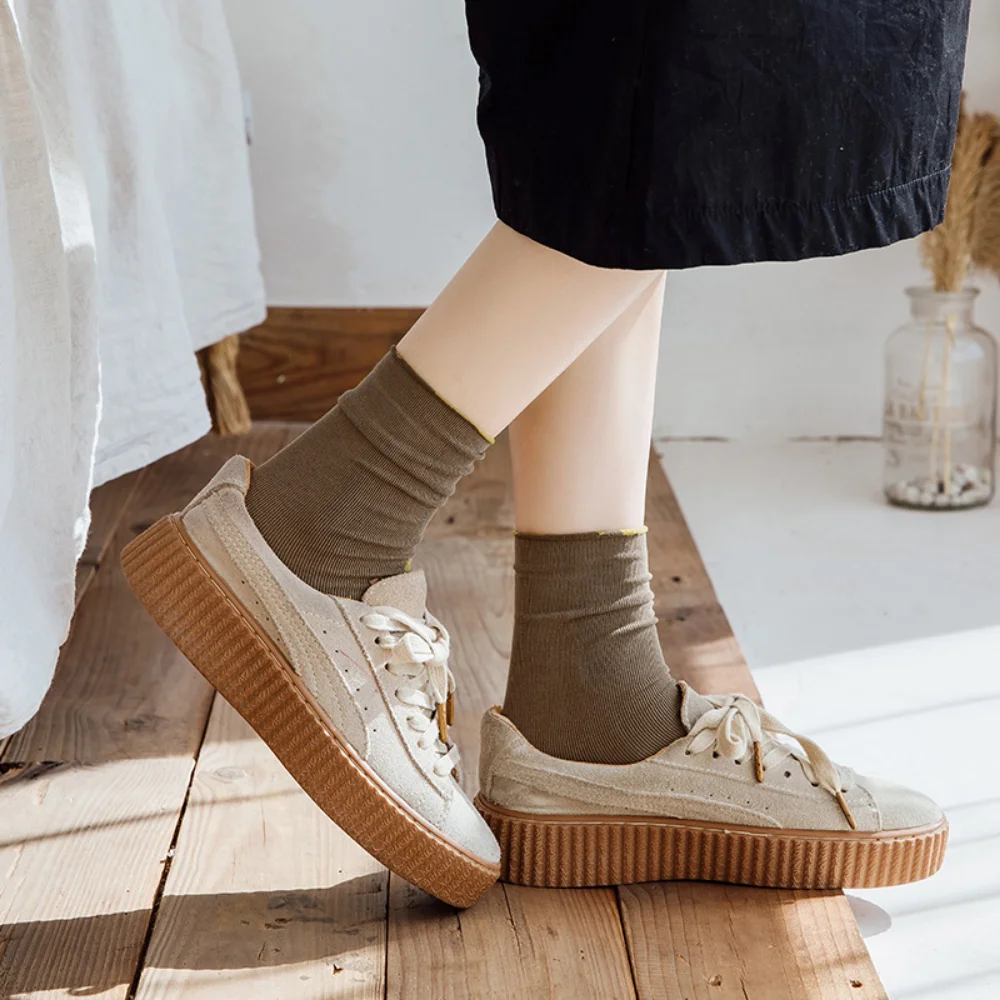 Solid Color Socks for Women Ruffle Cotton Middle Tube Ankle Short Breathable Black White set Spring Autumn Socks