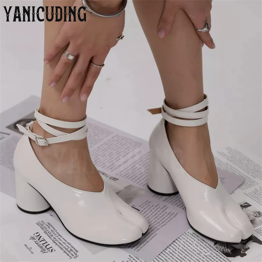 

White Leather Tabi Mary Jane Heels Novelty Cylindrical Heel Tabi Pumps Cute Fashion Style Split Round Toe High Heels for Women