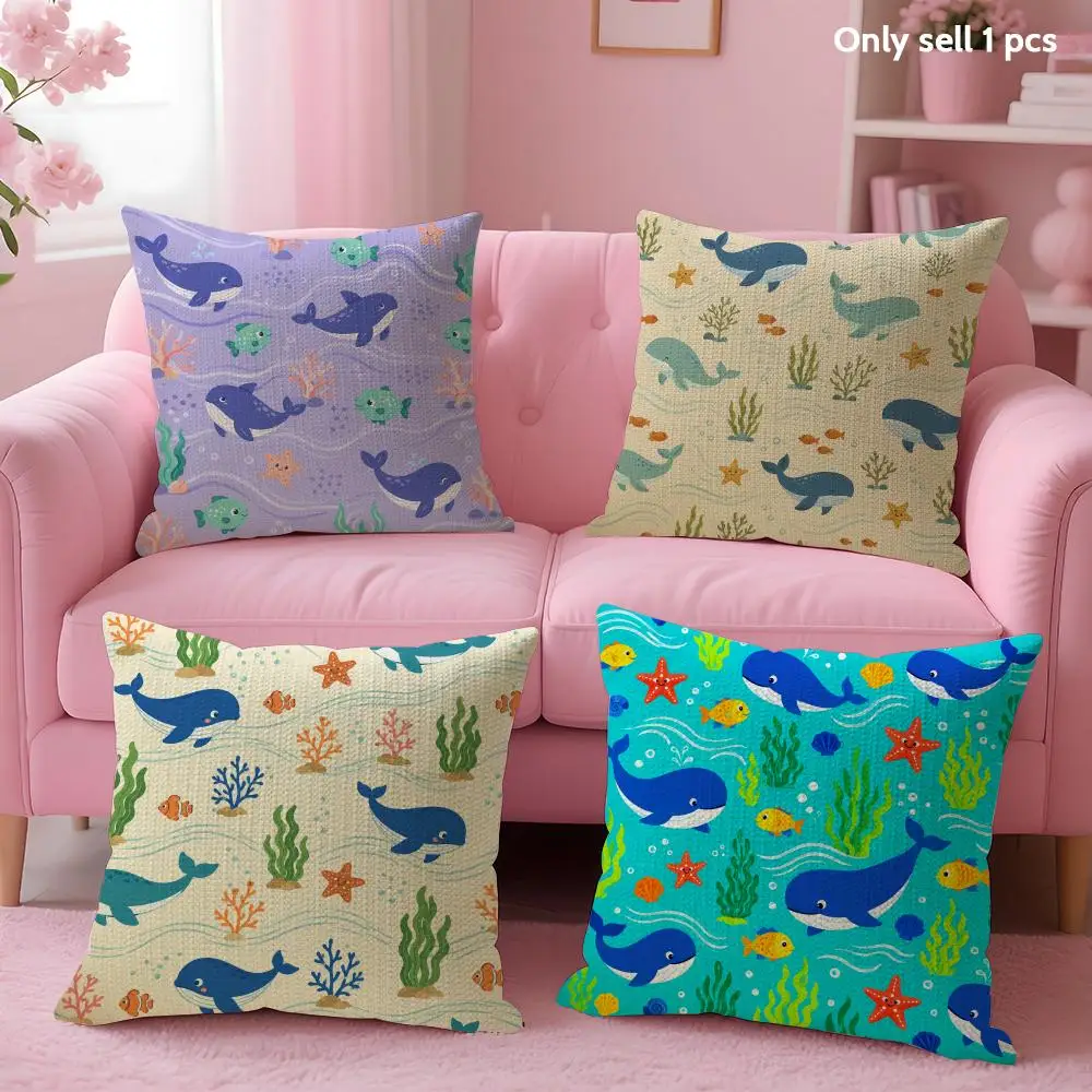 Cartoon Whale Cushion Cover Linen Organic Fabric Double-Sided Printing Sofa Breathable Home Decor Gift Pillow Case
