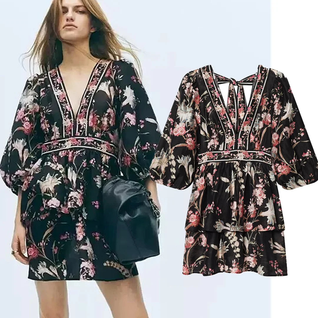 

Jenny&Dave French Elegant Dress Elegant Party Dresses Bohemian Black Floral Print V-neck Mini Dress Vestidos Womens Dresses